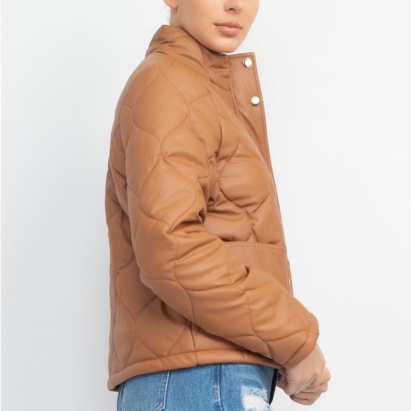 CAMEL MOCK NECK QUILTED PUFFER JACKET - Picture 2 of 4